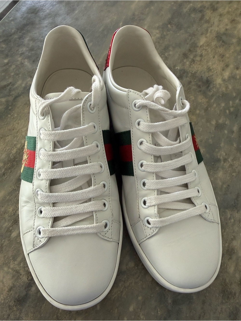 Gucci White Leather Sneakers with Green and Red Web and Gold Bee - Picture 2 of 7